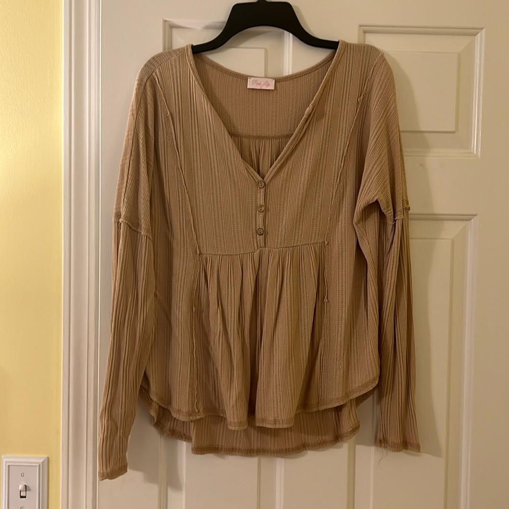 Pink Lily Beige Waffle Knit Peplum Long Sleeve Top